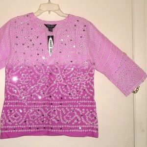 Cute Pink Print Peasant Blouse Sequin Top